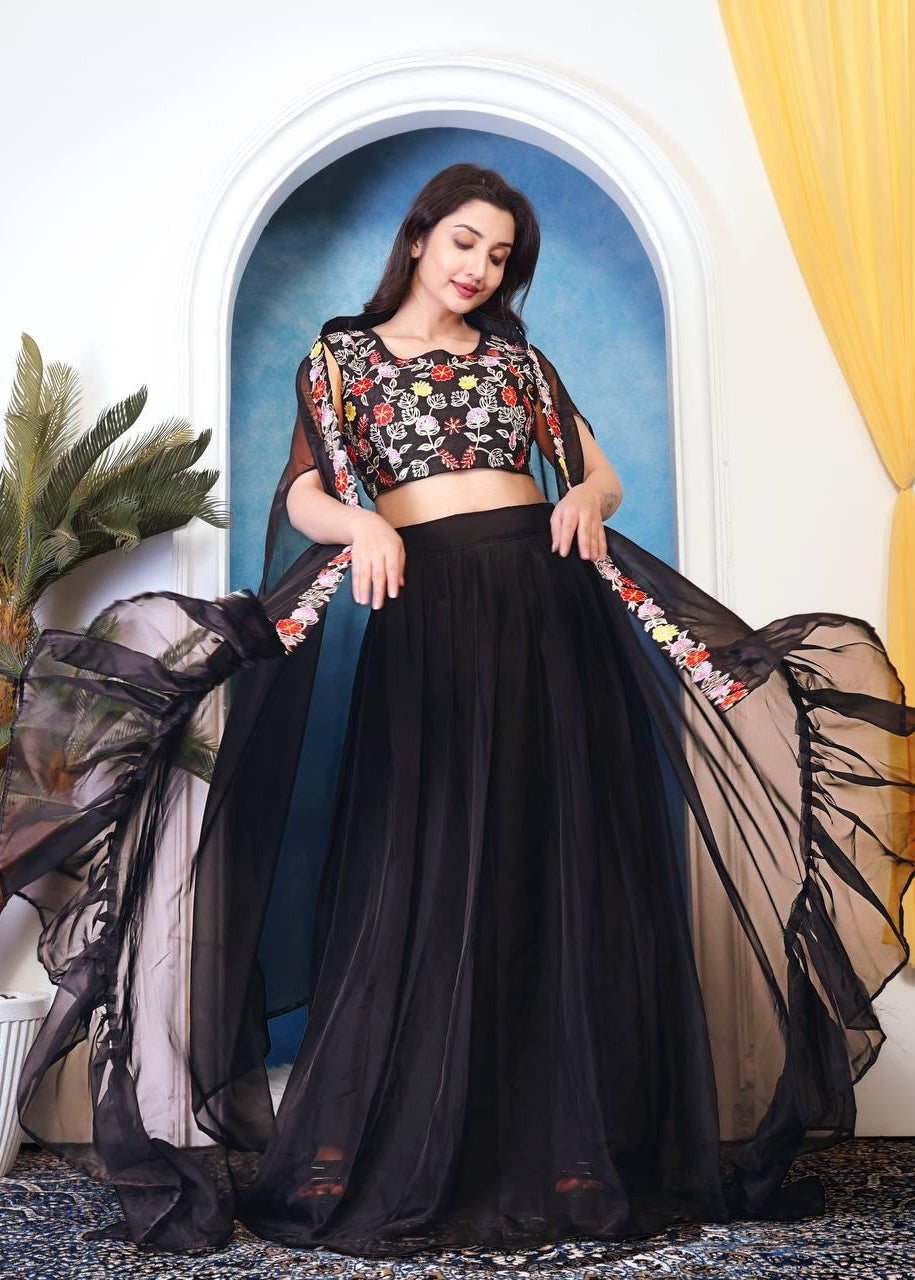 Women’s Black Embroidered Lehenga Choli Set with Sheer Dupatta