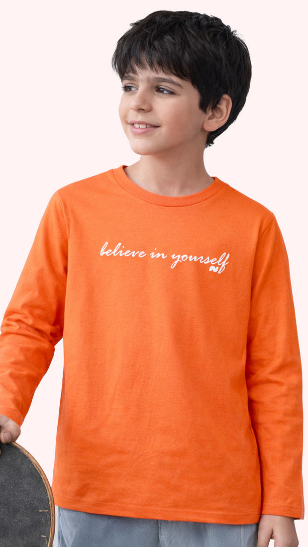 Kids' Orange Full-Sleeve Printed T-Shirt