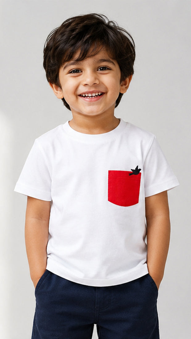 Boys White T-Shirt with Red Pocket | Short Sleeve Casual T-Shirt