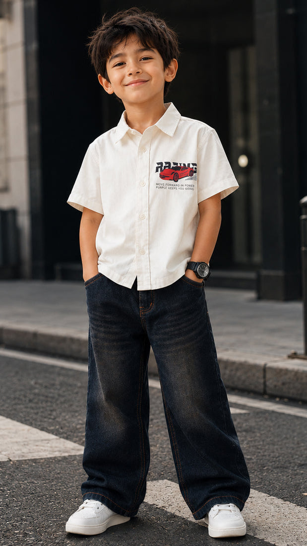 Boys Off-White Short Sleeve Shirt with Racing Car Print