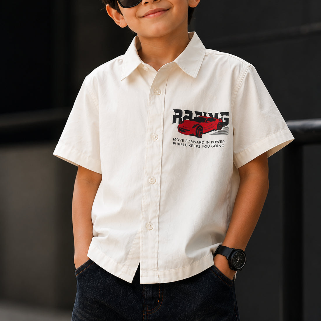 Boys Off-White Short Sleeve Shirt with Racing Car Print