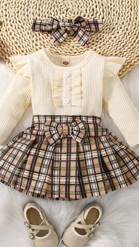 Girls Cream Ribbed Top & Plaid Skirt 2-Piece Dress Set