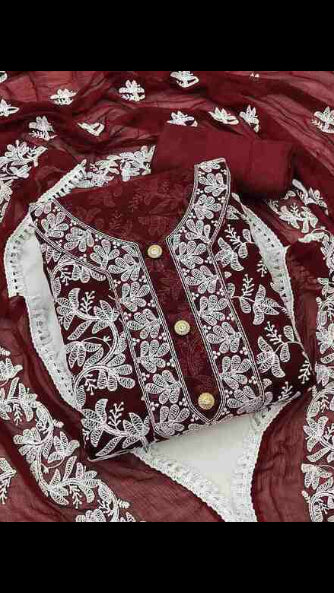 Women’s Maroon Embroidered Ethnic Suit Set with Dupatta