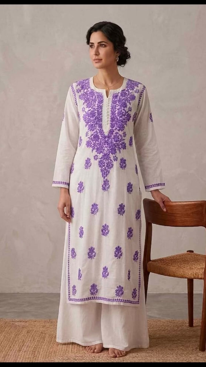 Women's Cream Mirror Work Kurti
