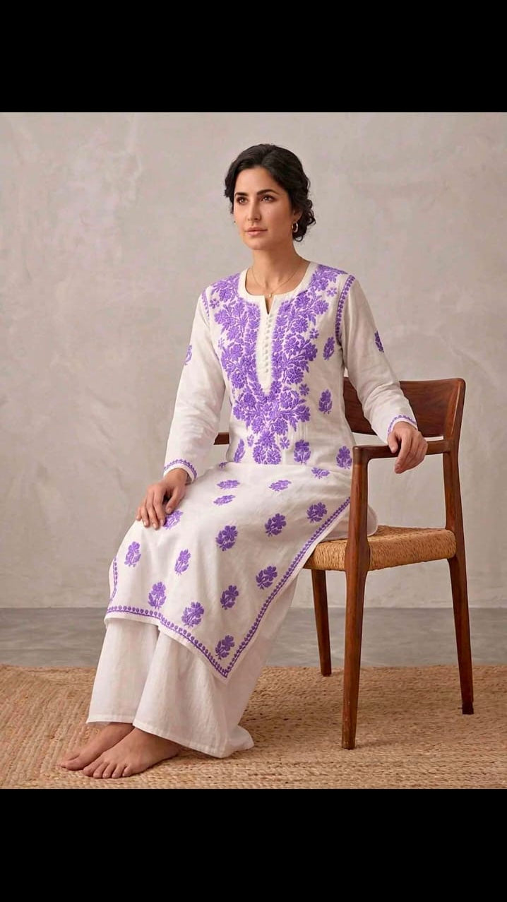 Women's Cream Mirror Work Kurti