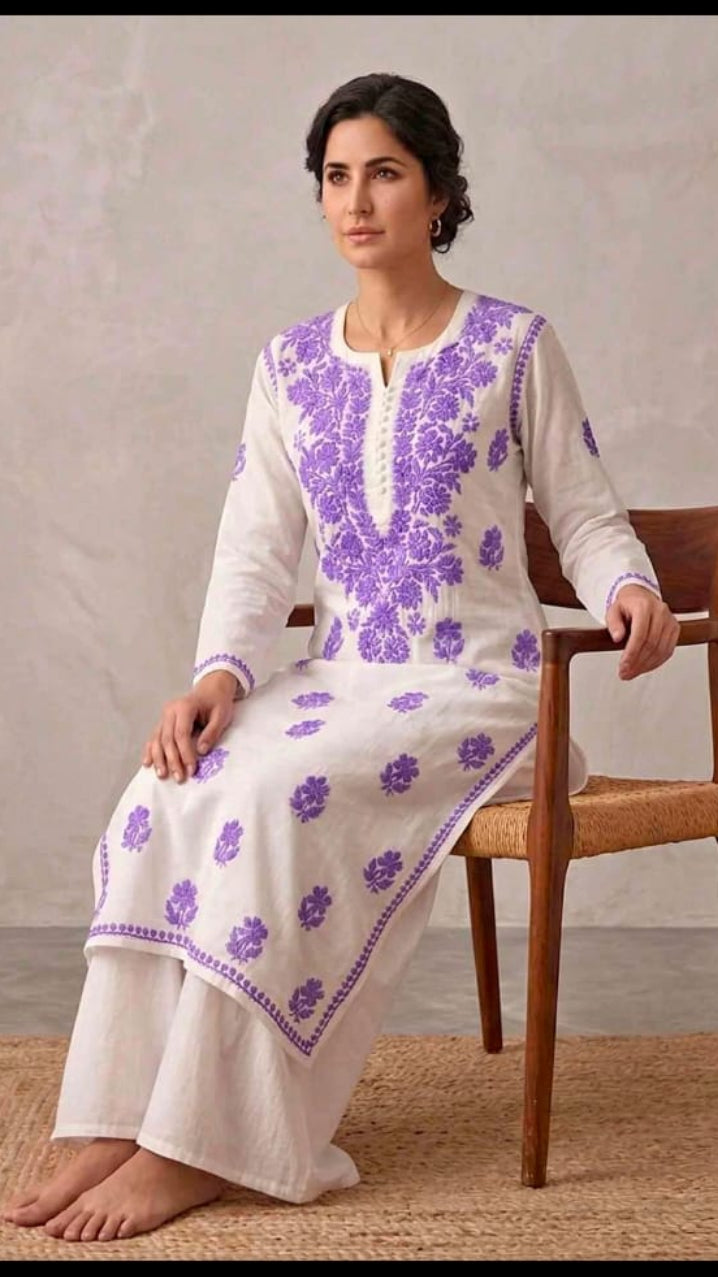 Women's Cream Mirror Work Kurti