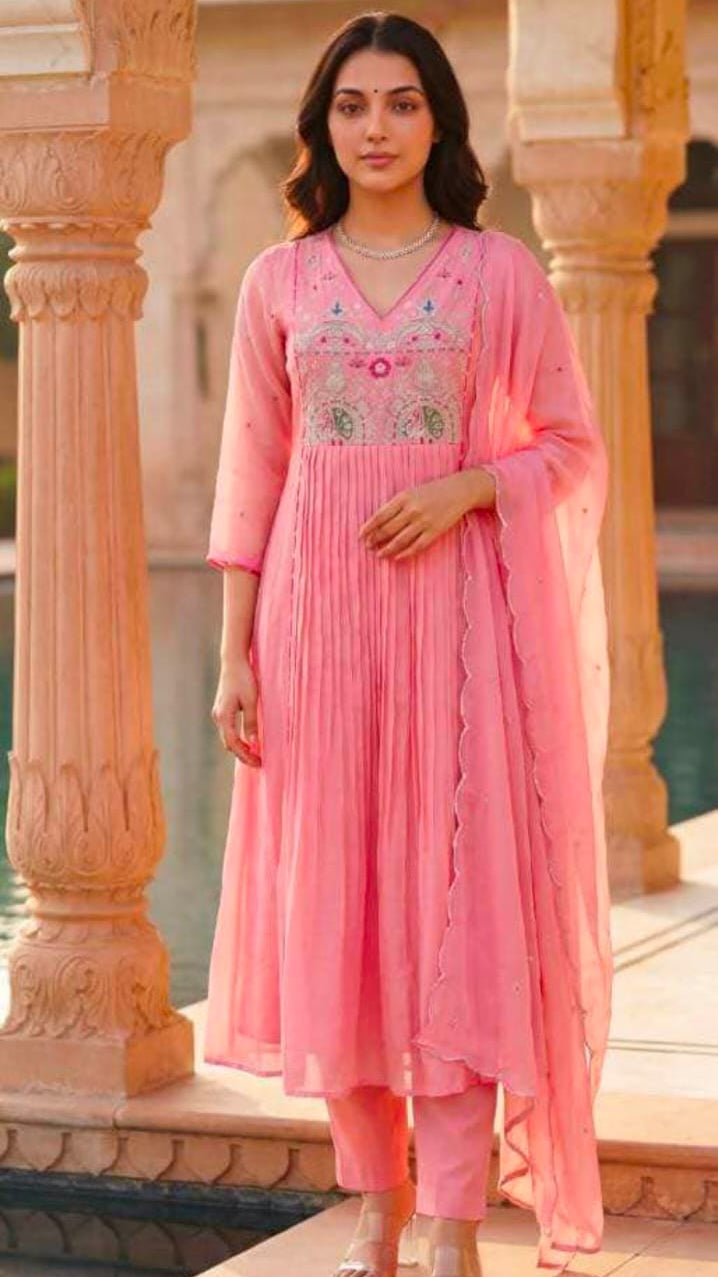 : Elegant Blush Pink Embroidered Anarkali Kurta Set with Dupatta