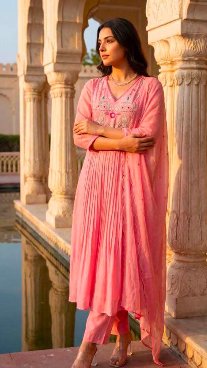 Women's Pink Pleated Organza Kurta Set with Scalloped Dupatta