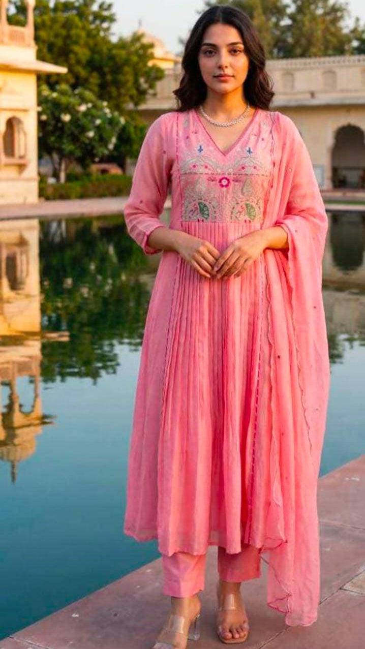 : Elegant Blush Pink Embroidered Anarkali Kurta Set with Dupatta