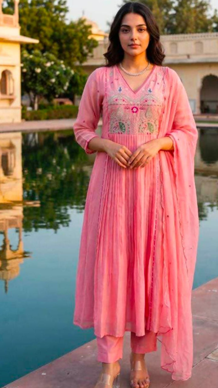 Women's Pink Pleated Organza Kurta Set with Scalloped Dupatta