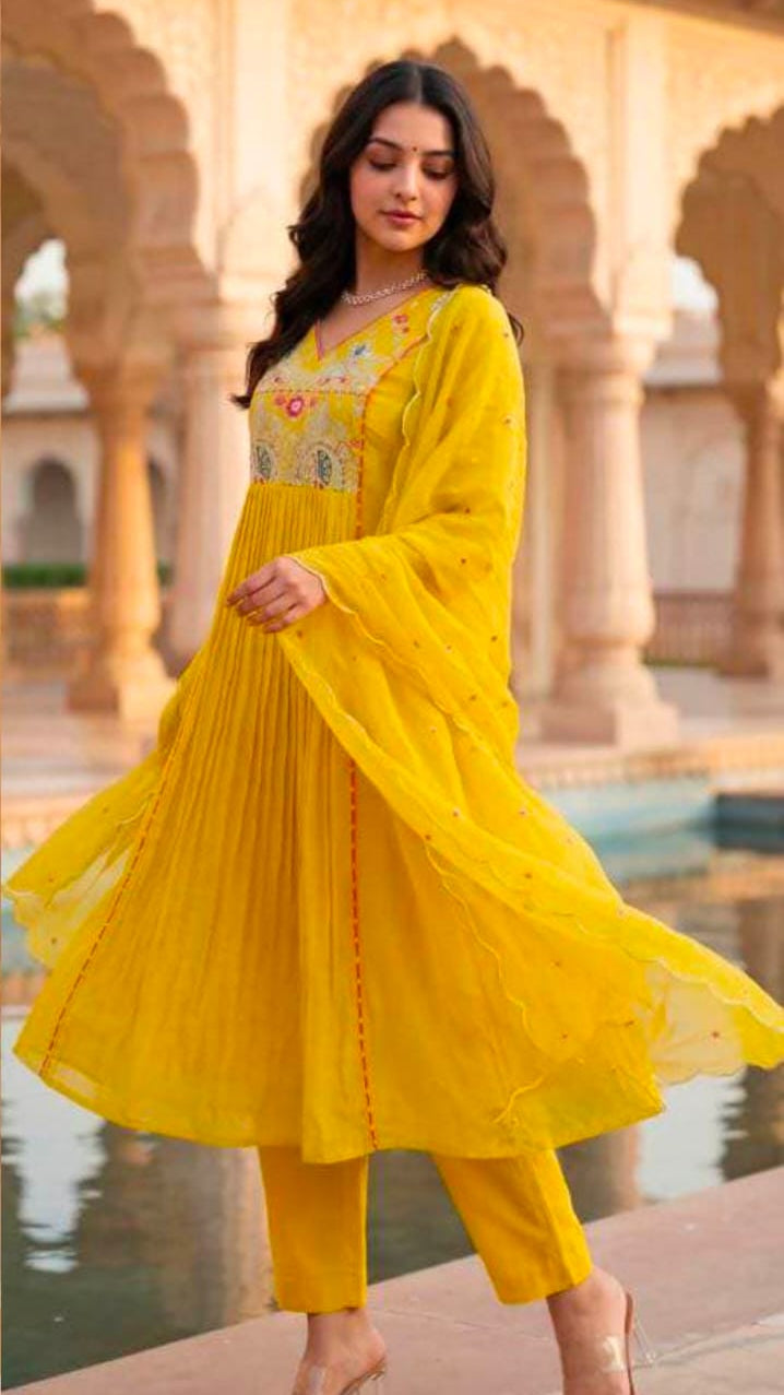 Yellow Micro-Pleated Anarkali Suit Set with Embroidered Yoke & Scalloped Dupatta