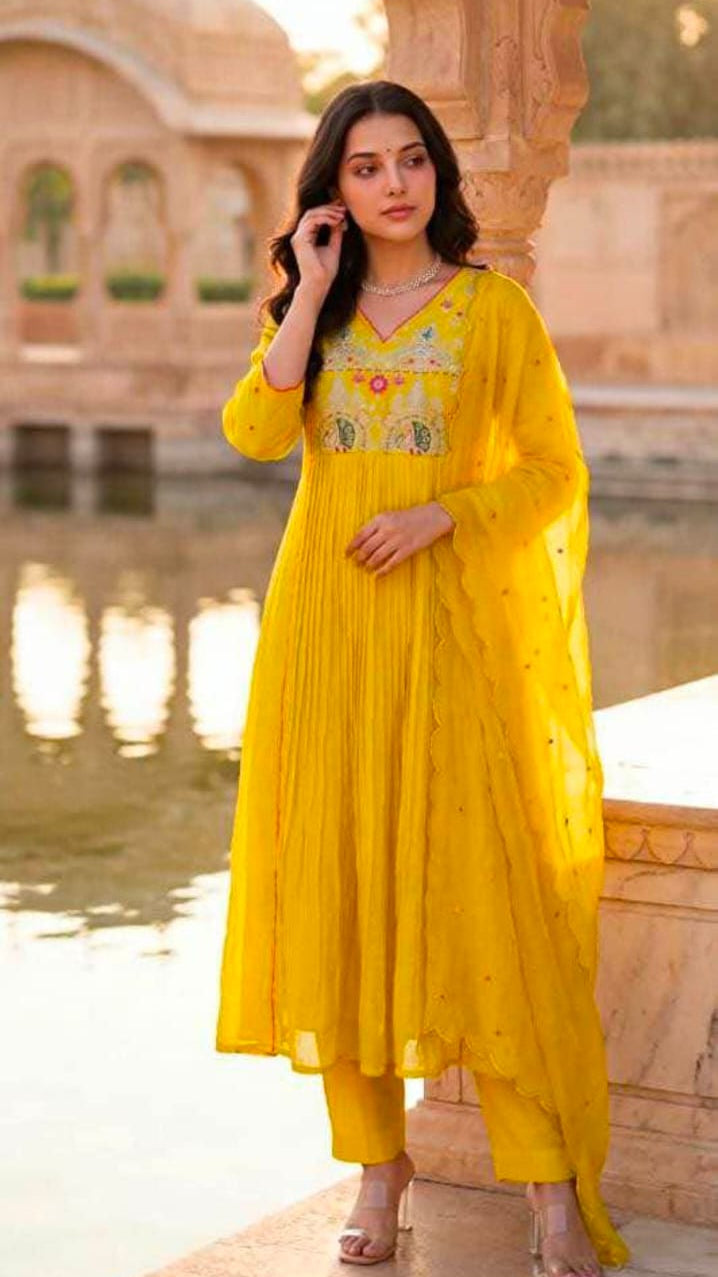 Yellow Micro-Pleated Anarkali Suit Set with Embroidered Yoke & Scalloped Dupatta