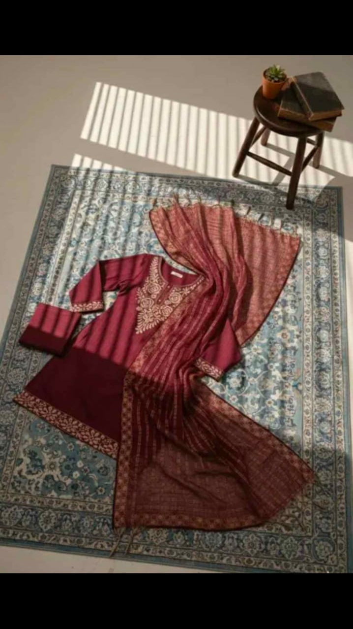 Women's Embroidered Maroon Kurta Set with Dupatta & Pants
