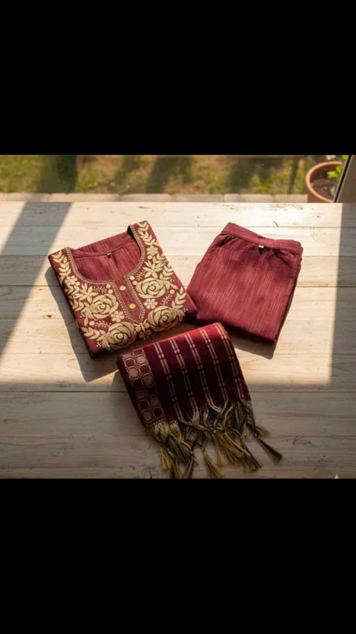 Women's Embroidered Maroon Kurta Set with Dupatta & Pants