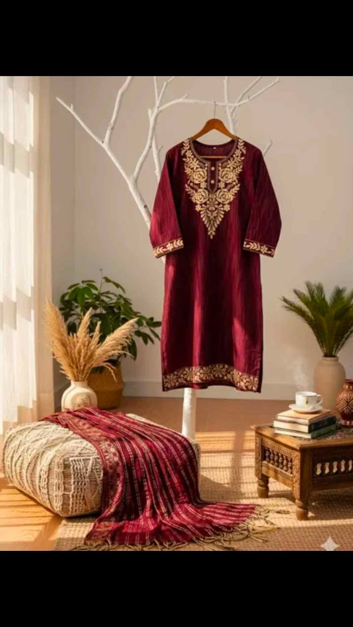 Women's Embroidered Maroon Kurta Set with Dupatta & Pants