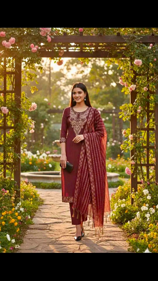 Women's Embroidered Maroon Kurta Set with Dupatta & Pants