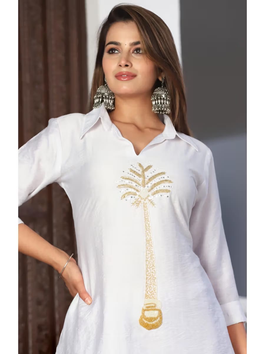 Women's White Shirt-Style Kurta with Gold Palm Tree Embroidery