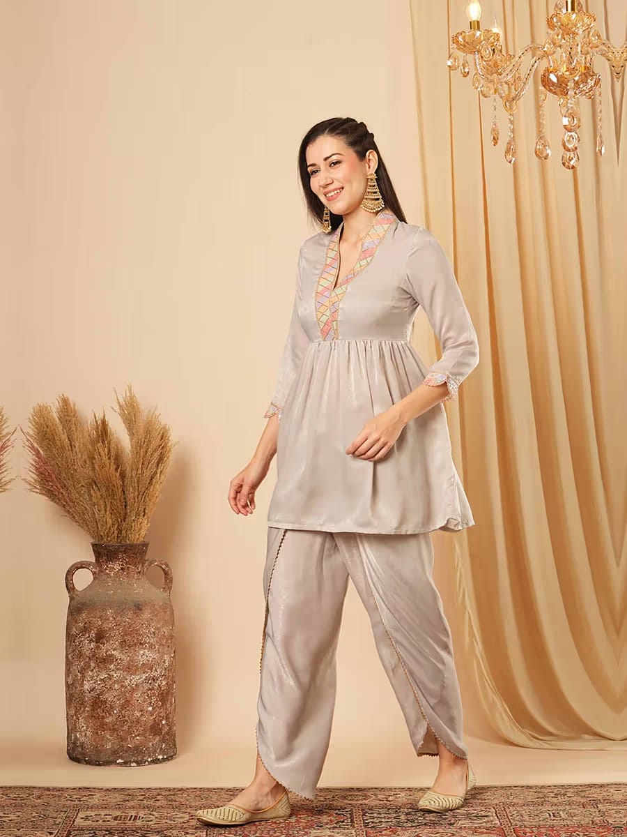Women’s Grey Silk Blend Flared Kurti with Dhoti Pants Co-ord Set