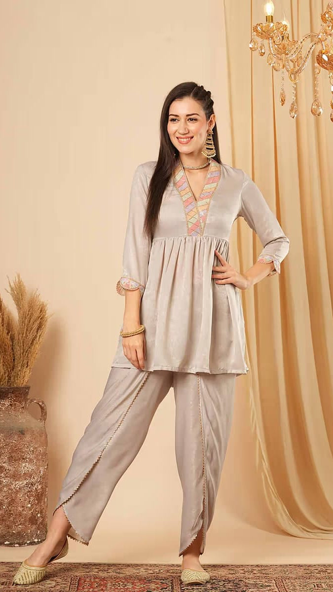 Women’s Grey Silk Blend Flared Kurti with Dhoti Pants Co-ord Set