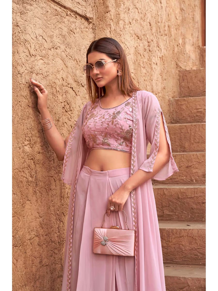 Women’s Lilac Pink 3-Piece Indo-Western Set – Crop Top, Draped Palazzo Pants & Long Shrug