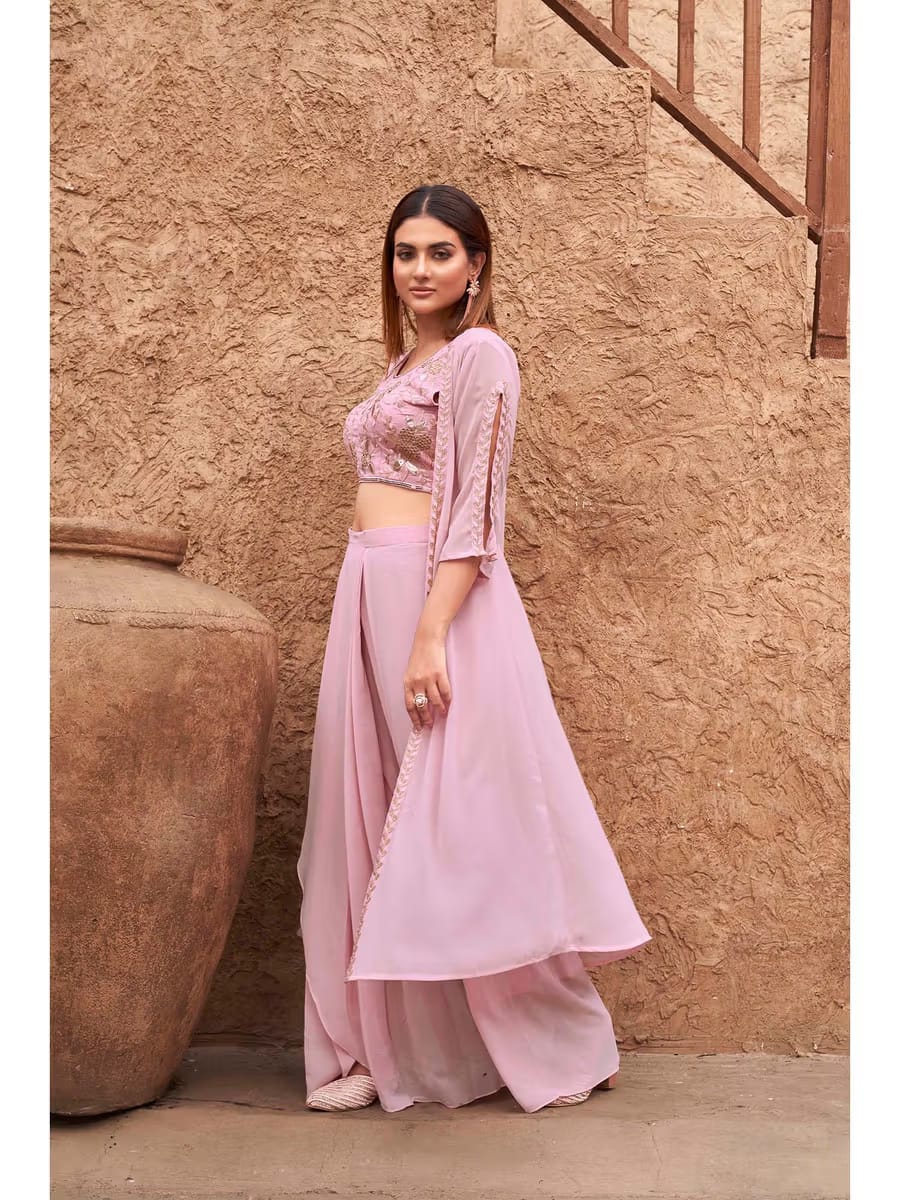 Women’s Lilac Pink 3-Piece Indo-Western Set – Crop Top, Draped Palazzo Pants & Long Shrug
