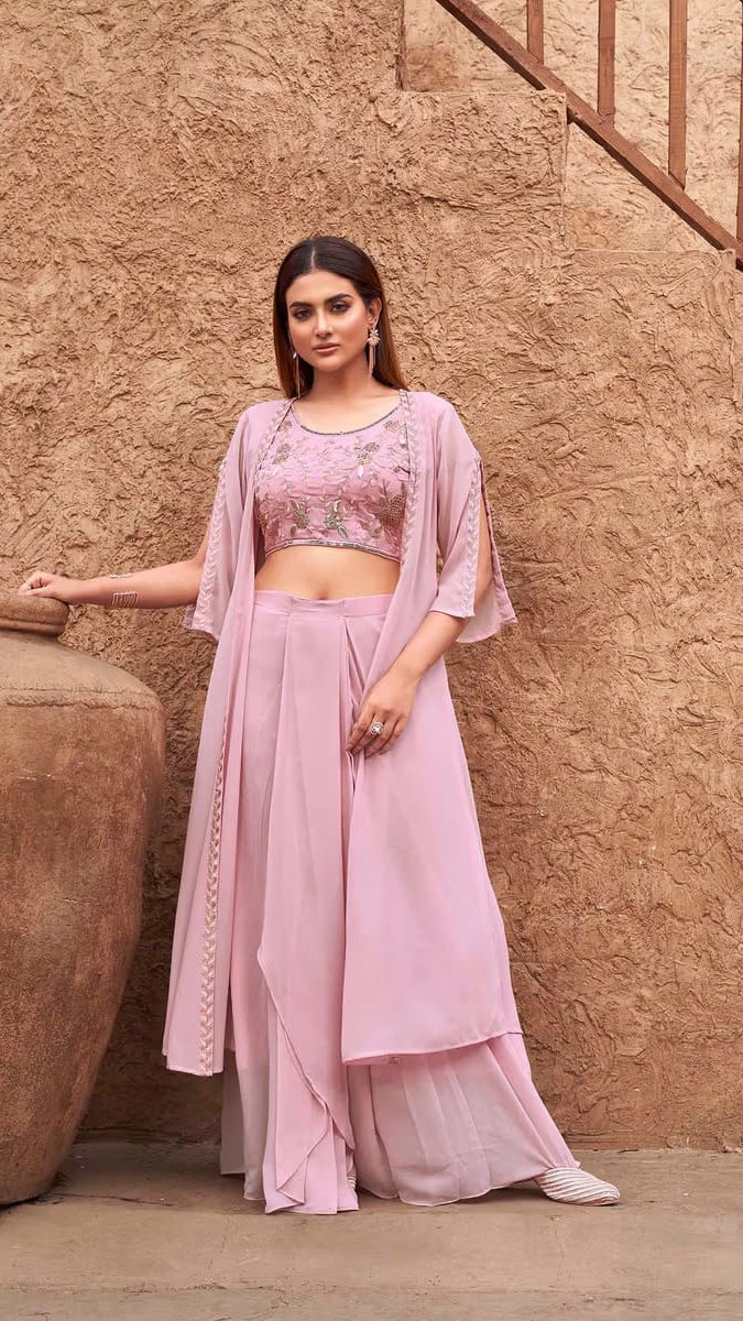 Women’s Lilac Pink 3-Piece Indo-Western Set – Crop Top, Draped Palazzo Pants & Long Shrug