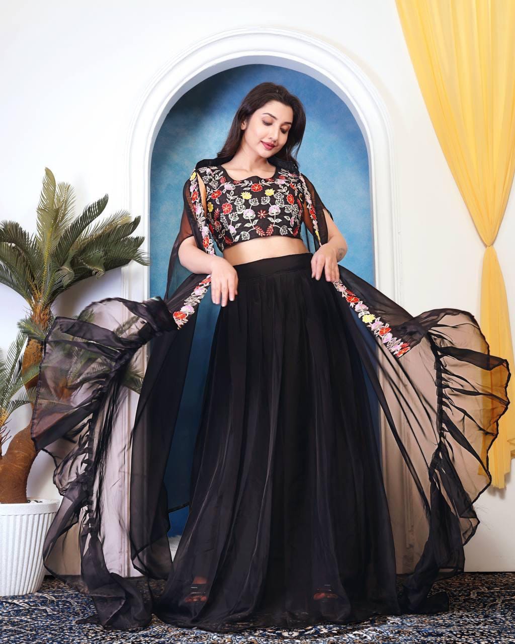 Women’s Black Floral Embroidered 3-Piece Lehenga Set – Crop Top, Flared Skirt & Ruffled Dupatta