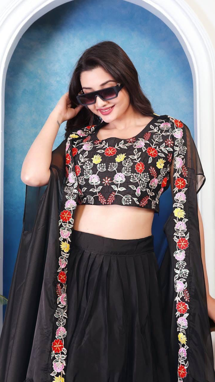 Women’s Black Floral Embroidered 3-Piece Lehenga Set – Crop Top, Flared Skirt & Ruffled Dupatta