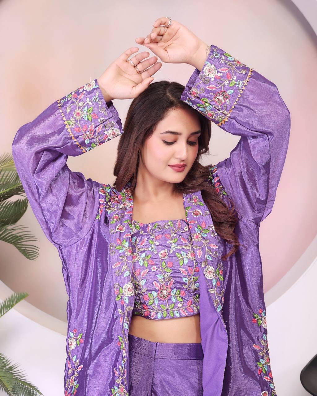 Women’s Purple Floral Embroidered 3-Piece Indo-Western Set – Crop Top, Wide-Leg Palazzo Pants & Jacket