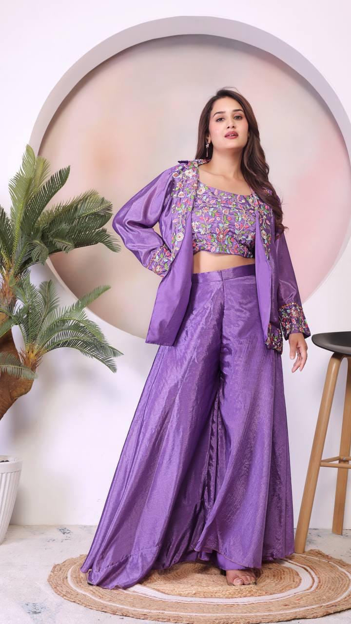 Women’s Purple Floral Embroidered 3-Piece Indo-Western Set – Crop Top, Wide-Leg Palazzo Pants & Jacket