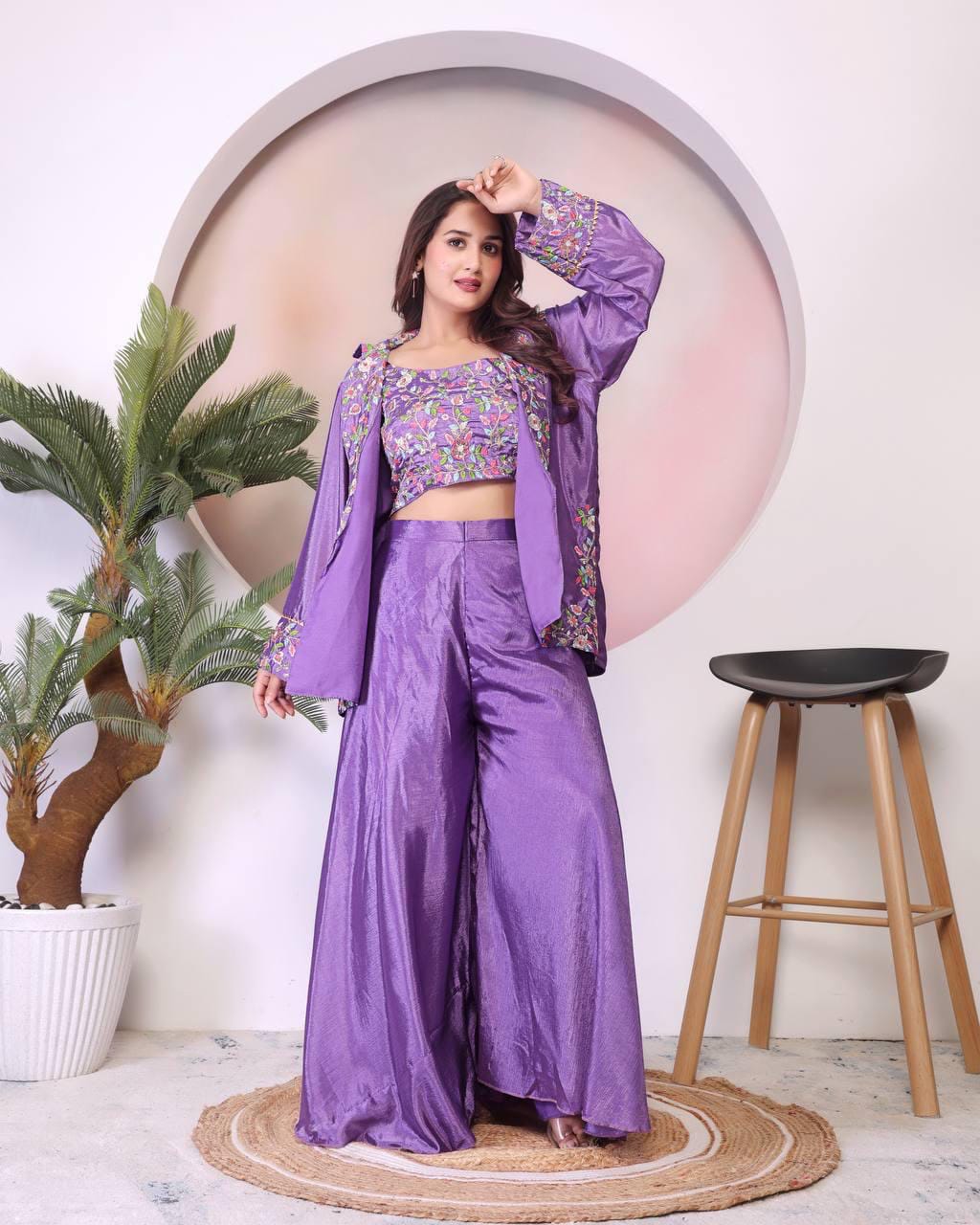 Women’s Purple Floral Embroidered 3-Piece Indo-Western Set – Crop Top, Wide-Leg Palazzo Pants & Jacket