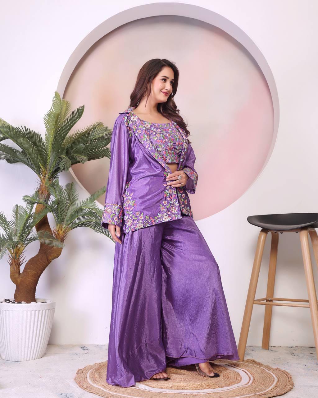 Women’s Purple Floral Embroidered 3-Piece Indo-Western Set – Crop Top, Wide-Leg Palazzo Pants & Jacket