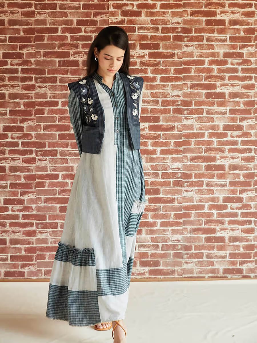 Women’s Indigo Grey Block-Printed & Checkered Maxi Dress with Embroidered Short Vest Jacket