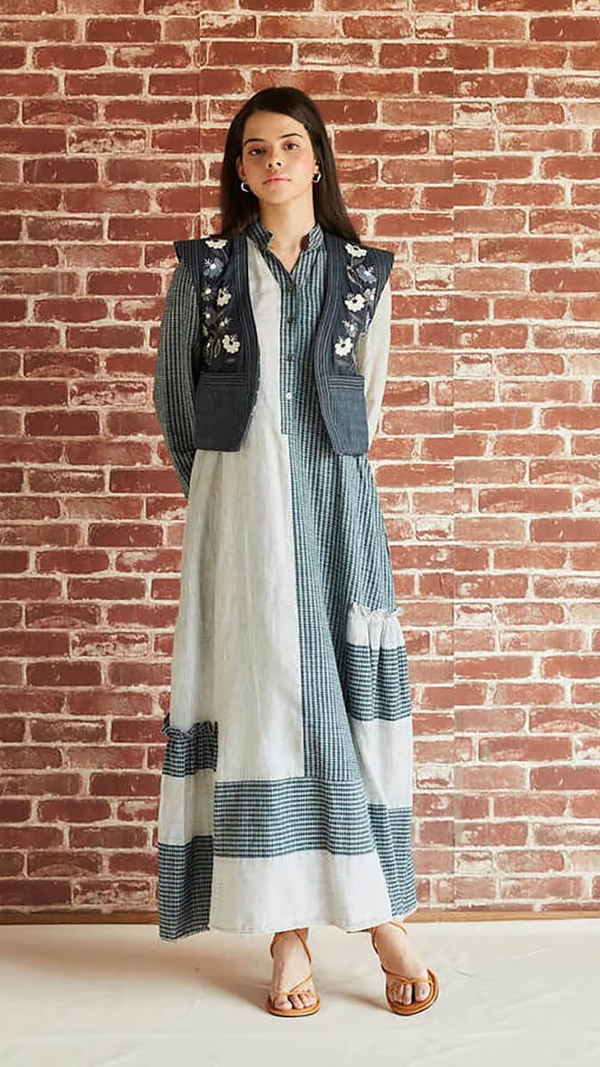 Women’s Indigo Grey Block-Printed & Checkered Maxi Dress with Embroidered Short Vest Jacket