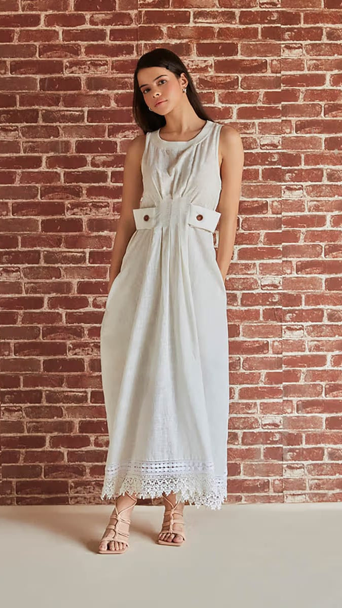 Women’s Off-White Sleeveless Linen-Cotton Maxi Dress with Waist Tab Accent & Lace Hem