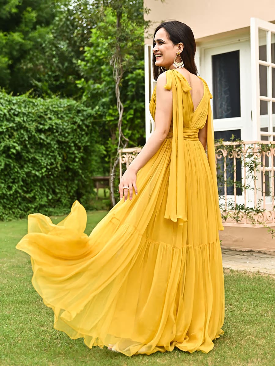 Women’s Mustard Yellow Tiered Georgette Anarkali Gown with Attached Shoulder Dupatta Drape