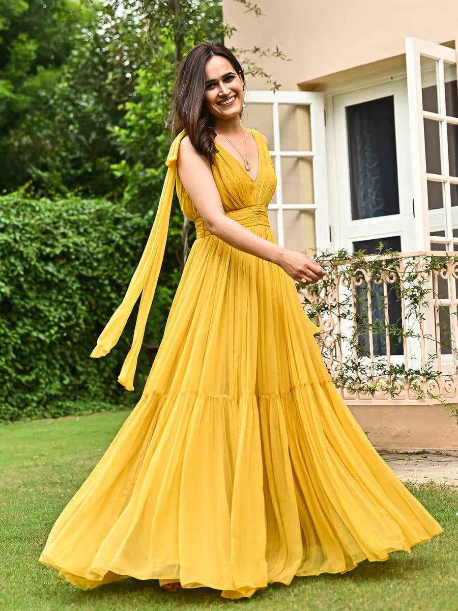 Women’s Mustard Yellow Tiered Georgette Anarkali Gown with Attached Shoulder Dupatta Drape