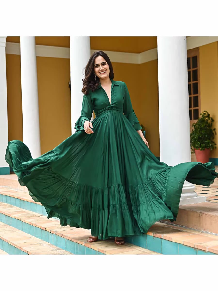Women’s Emerald Green Collared Tiered Maxi Gown with Front Knot Accent & Bell Sleeves