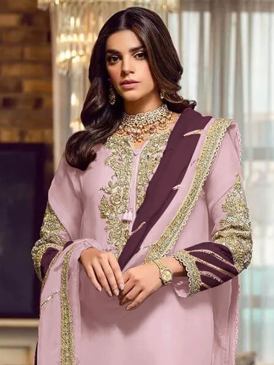 Women’s Lilac & Wine Heavy Embroidered Pakistani-Style Straight Suit Set with Organza Dupatta