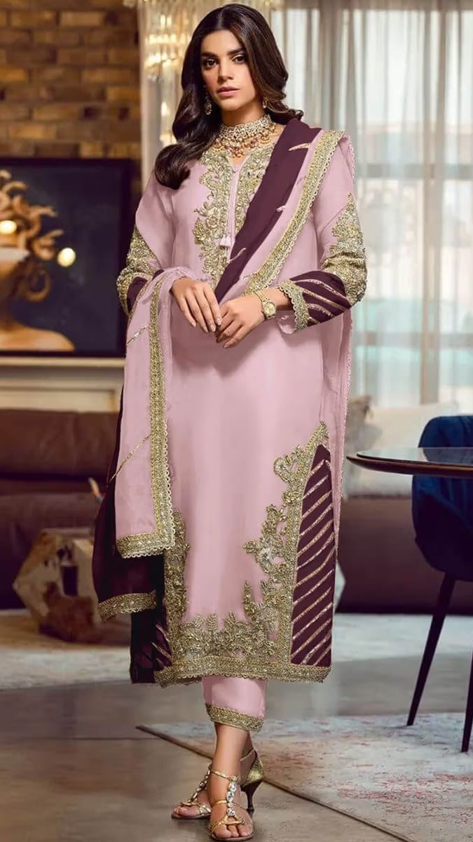 Women’s Lilac & Wine Heavy Embroidered Pakistani-Style Straight Suit Set with Organza Dupatta