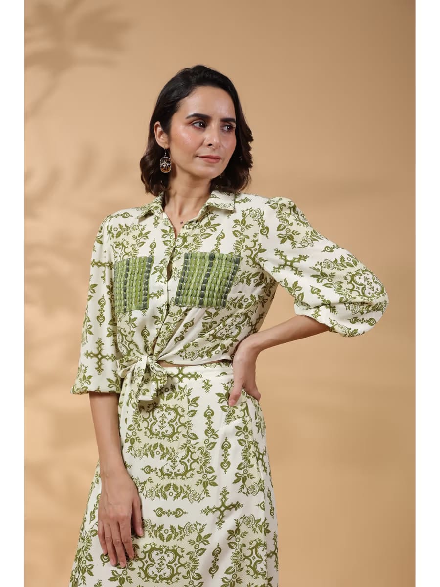 Women’s Olive Green & Off-White Printed Front-Tie Shirt Dress with Asymmetric Hem