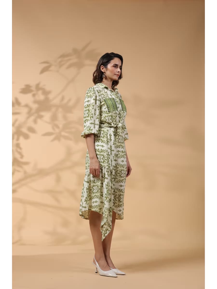 Women’s Olive Green & Off-White Printed Front-Tie Shirt Dress with Asymmetric Hem