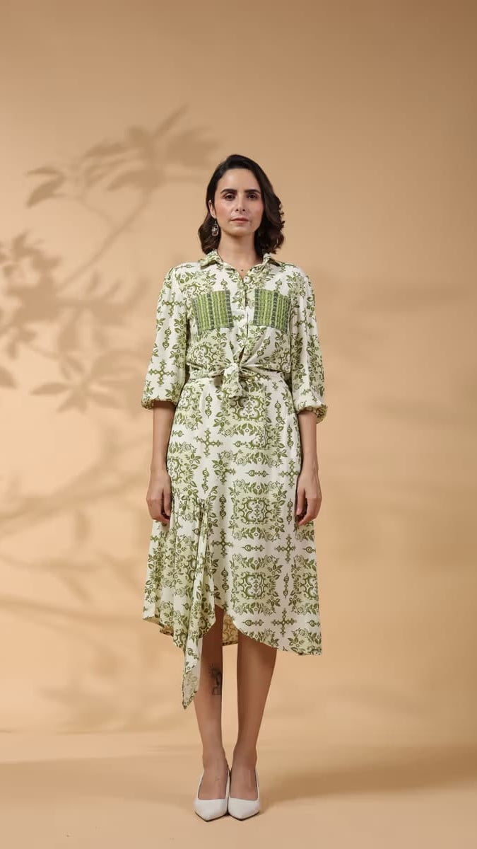 Women’s Olive Green & Off-White Printed Front-Tie Shirt Dress with Asymmetric Hem