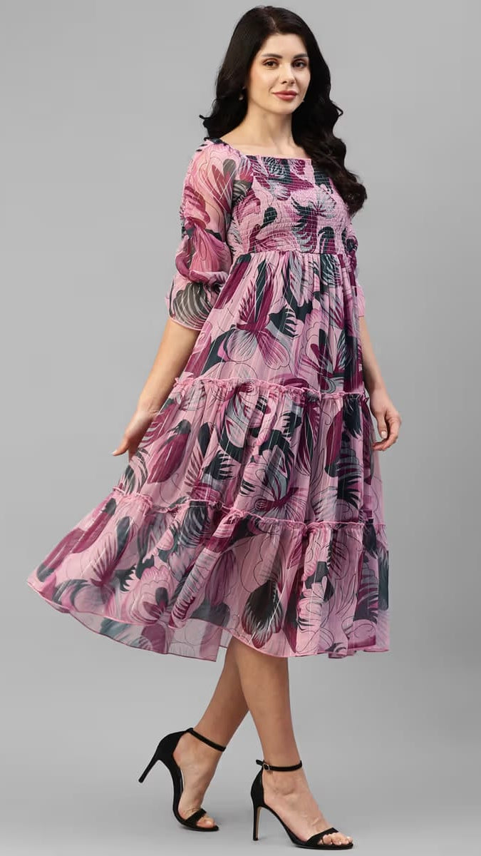 Women’s Pink & Purple Floral Printed Shirred Tiered Georgette Midi Dress