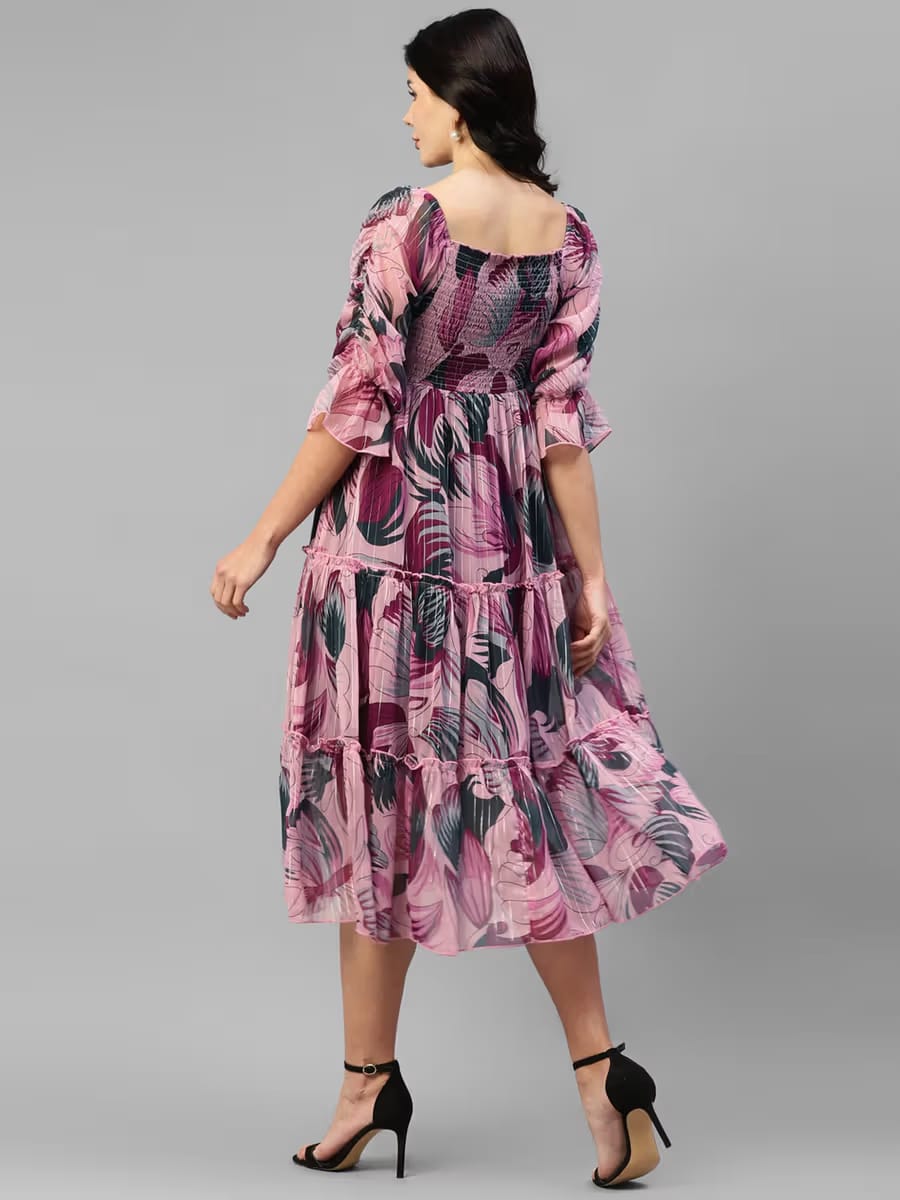 Women’s Pink & Purple Floral Printed Shirred Tiered Georgette Midi Dress
