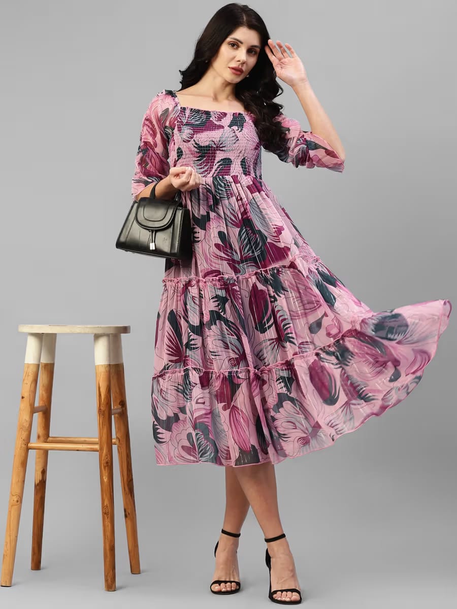 Women’s Pink & Purple Floral Printed Shirred Tiered Georgette Midi Dress