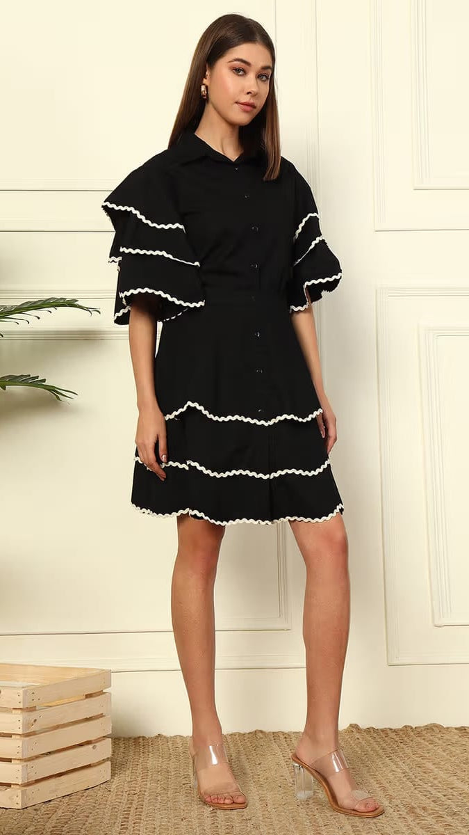 Women’s Black Tiered Shirt & Skirt Set with White Scalloped Ric-Rac Trim