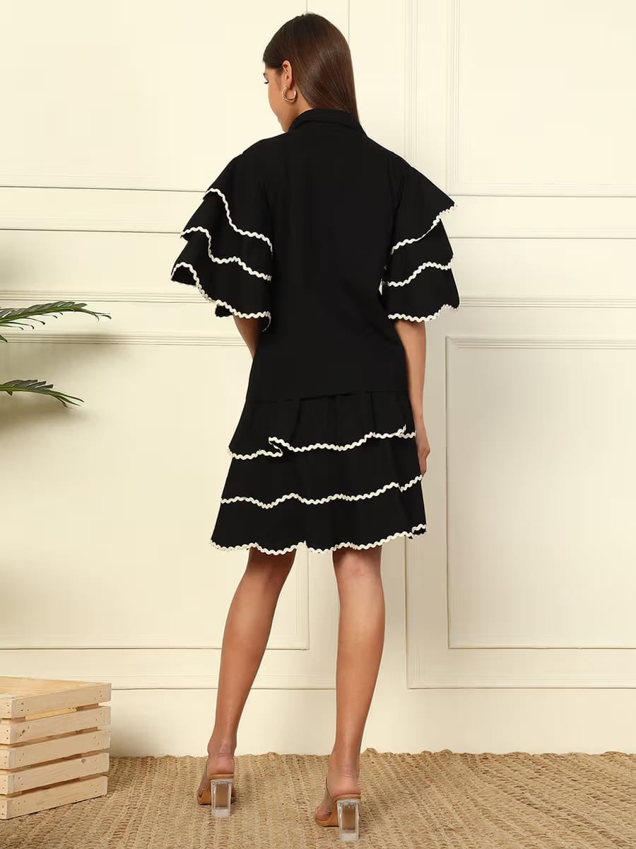 Women’s Black Tiered Shirt & Skirt Set with White Scalloped Ric-Rac Trim