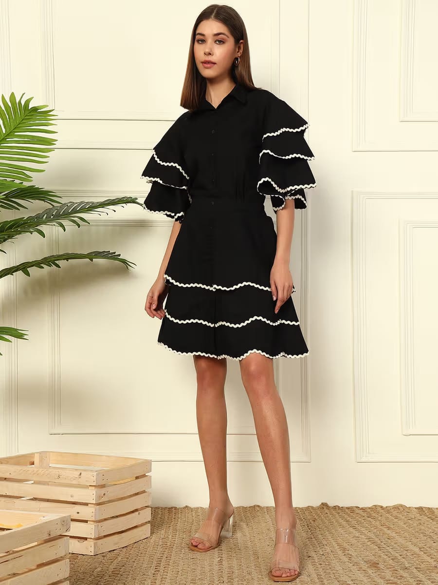 Women’s Black Tiered Shirt & Skirt Set with White Scalloped Ric-Rac Trim