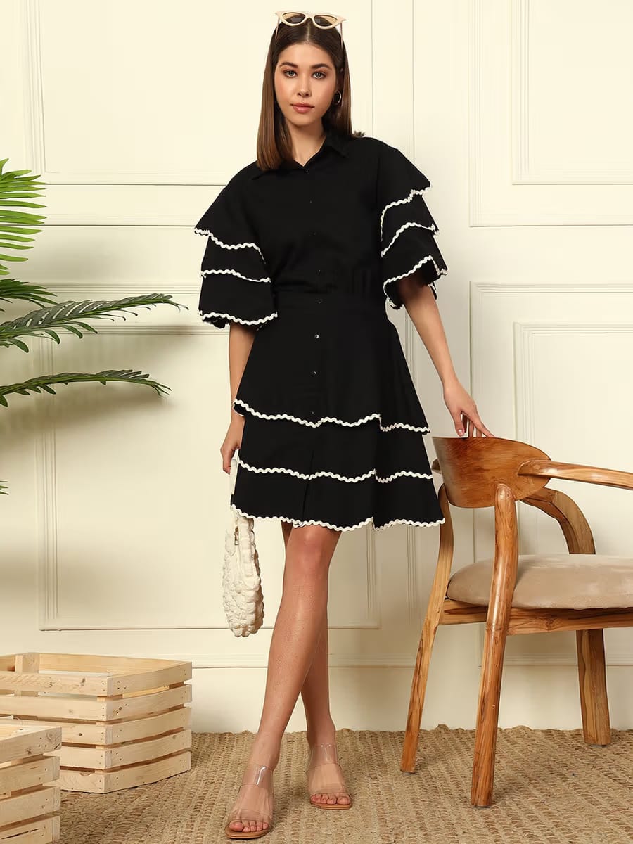 Women’s Black Tiered Shirt & Skirt Set with White Scalloped Ric-Rac Trim